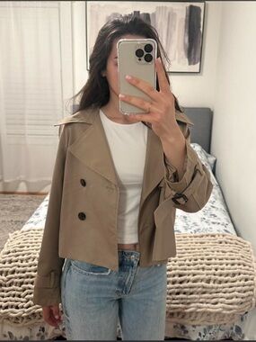 H&M Cropped Trench Jacket Beige Double Breasted Minimal